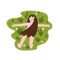 The young girl lies on a grass. Relax concept. Cute design for poster or t-shirt print. Vector