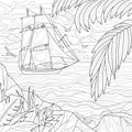 MobileShip at sea and palms.Landscape.Coloring book antistress for children and adults. Royalty Free Stock Photo