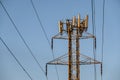 Mobility telecom panel antennas on the top of a power line lattice tower, in late afternoon light Royalty Free Stock Photo