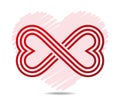 Mobius loop made of three red lines in shape of touching hearts. Pink heart as background