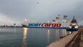 Moby Cargo Ship at the Dock in the mediterraean sea in a cloudy day