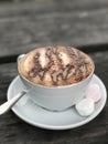 Mocachino- espresso , whipped milk, chocolate powder & lastly chocolate sauce