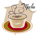 Mocha coffee also called Caffe with wooden saucer on white table. Interior shop. Main ingredients of is chocolate