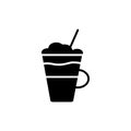 Mocha coffee in glass glyph icon. Cold drink. Black silhouette symbol. Isolated vector illustration