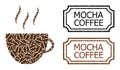 Mocha Coffee Scratched Stamps with Notches and Coffee Cup Mosaic of Coffee Seeds