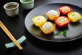 Mochi assortment on plate with chopticks Royalty Free Stock Photo