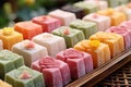 Mochi cakes close up, selective focus. Traditional Japanese sweets, dessert