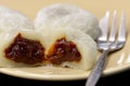 Close-up of red bean filling and mochi, or Japanese rice cakes, on a dessert plate Royalty Free Stock Photo