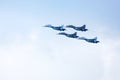 Mochishche airfield, local air show, Aerobatic team VKS `Russian Falcons` Su-30 SM, russian fighter aircrafts in the blue sky