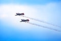 Mochishche airfield, local air show, two Yak-52 aircraft flying together, aerobatic team `Open Sky`, Barnaul, close up