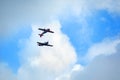 Mochishche airfield, local air show, two Yak-52 aircraft flying together, aerobatics The Mirror, aerobatic team `Open Sky` Barnaul