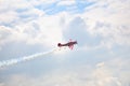Mochishche airfield, local air show, yak 52 on blue sky with clouds background, close up