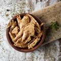 mock chicken meat strips in a bowl