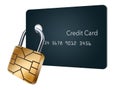 This is a mock generic credit card with an EMV chip that looks like a padlock to secure the card