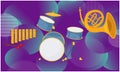 Mock illustration of musical instruments on abstract backgrounds