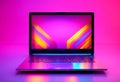 mock minimal background laptop illustration colors holographic computer art creative pink illuminated violet up yellow blue 3d