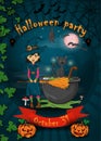 Mock posters for all saints eve, Halloween, little witch with broom standing next to the potion cauldron in the cemetery, vector