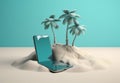mock sea creative concept sand palm holiday cyber up phone summer. Generative AI.
