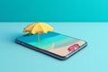 up sea palm holiday creative summer concept cyber sand phone mock. Generative AI.