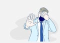 Businessman wearing a medical mask, he is covering eyes with hands and doing stop gesture.