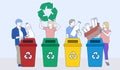 Group of people holding recycling icons, plastic bottle, paper and glass bottle. Sustainability concept.