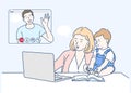 Mom and Toddler video calling with Dad. Hand drawn in thin line style,