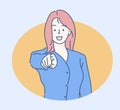 Business woman pointing her finger to you. Hand drawn in thin line style Royalty Free Stock Photo