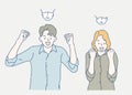 Cheerful man and woman raise his hand confidently, they are wearing medical face masks. Hand drawn in thin line style