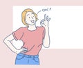 Cheerful girl showing an OK fingers sign. You can add more content in the space. Hand drawn in thin line style