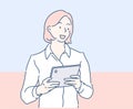 Young smiling businesswoman in office working on digital tablet. Hand drawn in thin line style