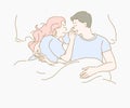 Young happy couple lying together in bed. Hand drawn in thin line style