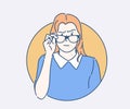 Skeptical jealous woman looking at something. Young woman wearing elegant black eyeglasses. Hand drawn in thin line style