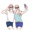 Young smiling hipster women in trendy summer t-shirt clothes, they hugging and taking selfie.