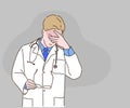 Male doctor having headache and tired. Medicine, Healthcare and Pandemic concept.