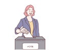 A Woman voter putting ballot into voting box. Democracy freedom concept.