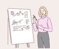 Young business woman speaker or coach make flip chart presentation for employees.