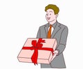 Handsome man is getting big gift box. Royalty Free Stock Photo