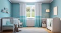 Mock-up of a baby's nursery room in the main colors of blues and white, light and airy..