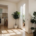 mock up of beautiful apartment an open folding door of kitchen and dining room, morning sunlight and window frame shadow