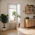 mock up of beautiful apartment an open folding door of kitchen and dining room, morning sunlight and window frame shadow