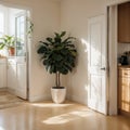 mock up of beautiful apartment an open folding door of kitchen and dining room, morning sunlight and window frame shadow