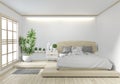 Mock up Bed room wooden Hotel japanese zen design with hiden light on white wall background.3D rendering