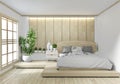 Mock up Bed room wooden Hotel japanese zen design with hiden light on white wall background.3D rendering