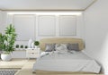 Mock up Bed room wooden Hotel japanese zen design with hiden light on white wall background.3D rendering