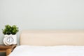 Mock up bedroom empty wall with bed and alarm, morning consept, minimalism, scandinavian Royalty Free Stock Photo