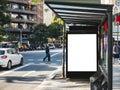 Mock up Banner template light box at Bus Shelter Media outdoor street Sign with People walking Royalty Free Stock Photo