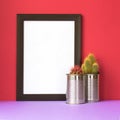 Frame with cacti in metal can on light violet floor and red background for copyspace