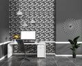 Mock up Black Mosaic tile wall design on black granite tile in workroom office with computer and decoration. 3D rendering