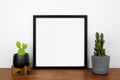 Mock up black square frame with cactus plants on a wood shelf Royalty Free Stock Photo