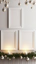 Mock up blank frame on white wall with Christmas decorations, Royalty Free Stock Photo